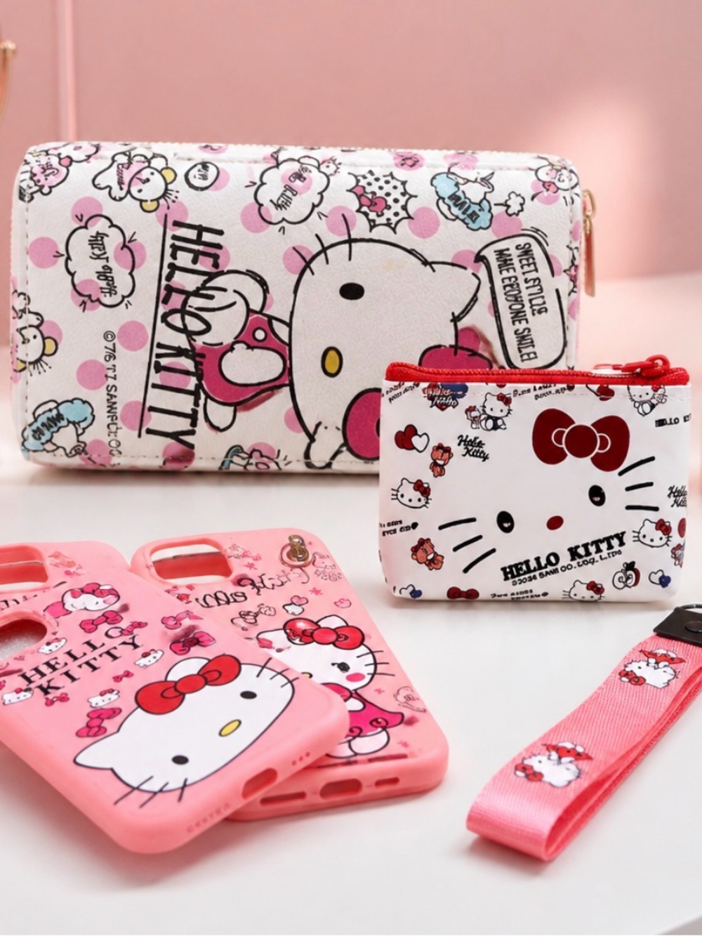 Hello Kitty Pink and White Phone Case Wallet Set with Wrist Strap and coin purse